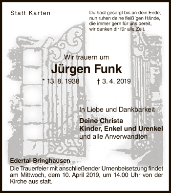 Traueranzeige von Jürgen Funk von WLZ