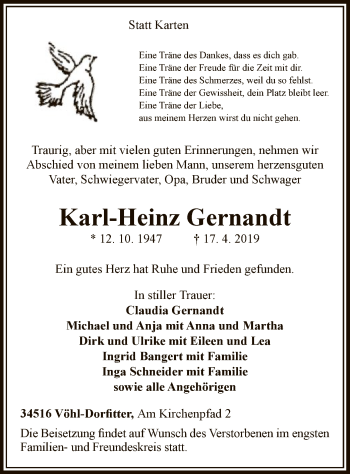 Traueranzeige von Karl-Heinz Gernandt von WLZ