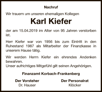 Traueranzeige von Karl Kiefer von WLZ