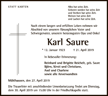 Traueranzeige von Karl Saure von WLZ