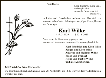 Traueranzeige von Karl Wilke von WLZ