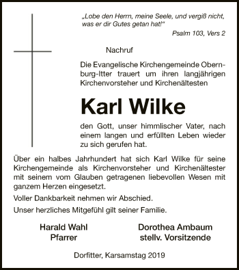 Traueranzeige von Karl Wilke von WLZ