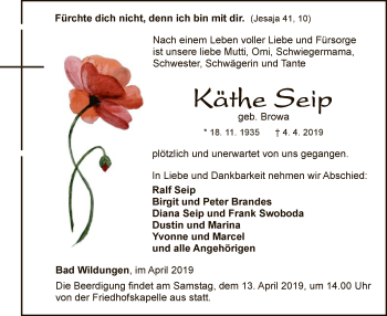 Traueranzeige von Käthe Seip von WLZ