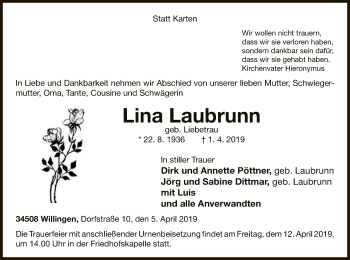 Traueranzeige von Lina Laubrunn von WLZ