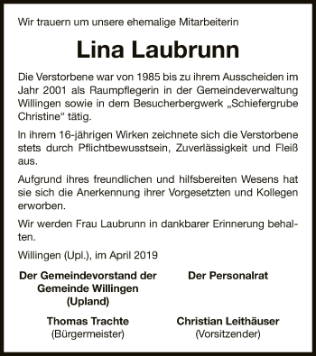 Traueranzeige von Lina Laubrunn von WLZ