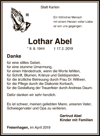 Traueranzeige von Lothar Abel von WLZ