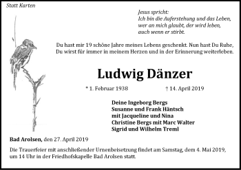 Traueranzeige von Ludwig Dänzer von WLZ
