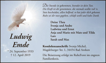 Traueranzeige von Ludwig Emde von WLZ