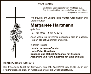 Traueranzeige von Margarete Hartmann von WLZ