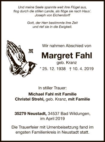 Traueranzeige von Margret Fahl von WLZ