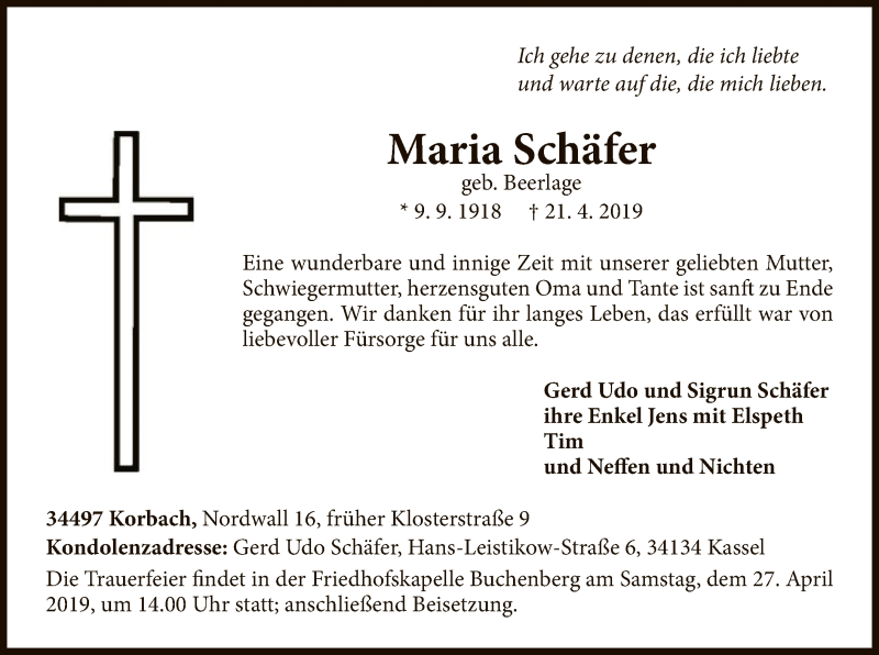  Traueranzeige für Maria Schäfer vom 24.04.2019 aus WLZ