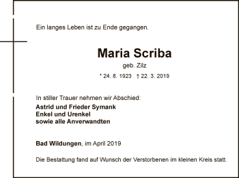 Traueranzeige von Maria Scriba von WLZ