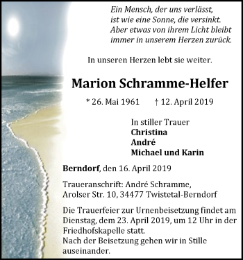 Traueranzeige von Marion Schramme-Helfer von WLZ