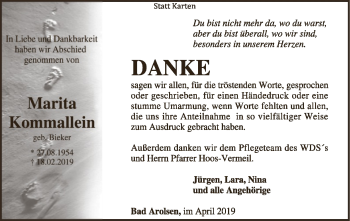 Traueranzeige von Marita Kommallein von WLZ