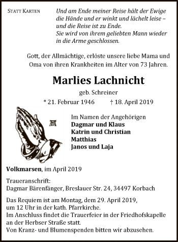 Traueranzeige von Marlies Lachnicht von WLZ