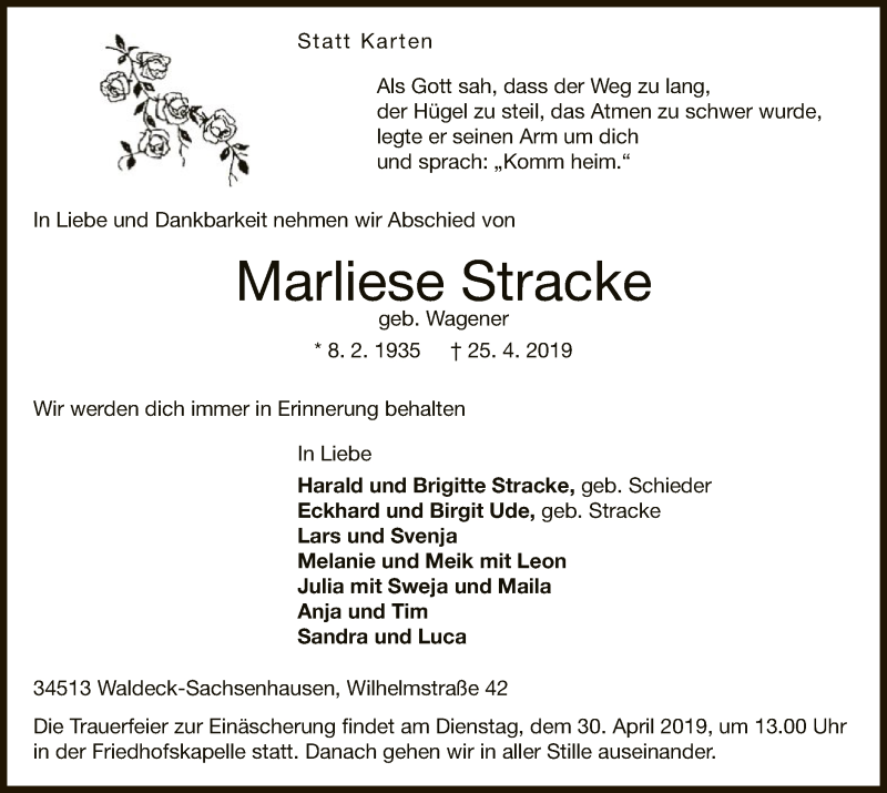  Traueranzeige für Marliese Stracke vom 26.04.2019 aus WLZ