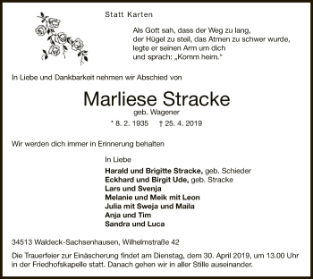 Traueranzeige von Marliese Stracke von WLZ