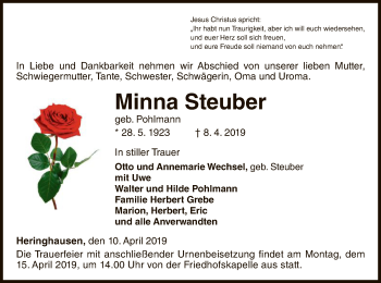 Traueranzeige von Minna Steuber von WLZ