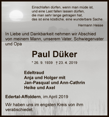Traueranzeige von Paul Düker von WLZ