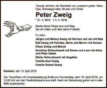 Traueranzeige von Peter Zweig von WLZ
