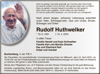 Traueranzeige von Rudolf Huthwelker von WLZ