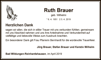 Traueranzeige von Ruth Brauer von WLZ