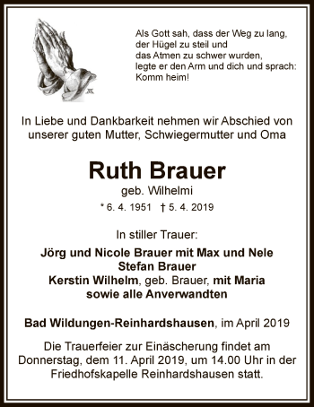 Traueranzeige von Ruth Brauer von WLZ