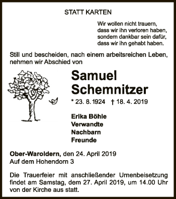 Traueranzeige von Samuel Schemnitzer von WLZ