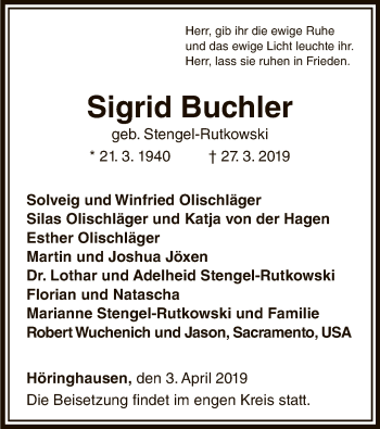 Traueranzeige von Sigrid Buchler von WLZ