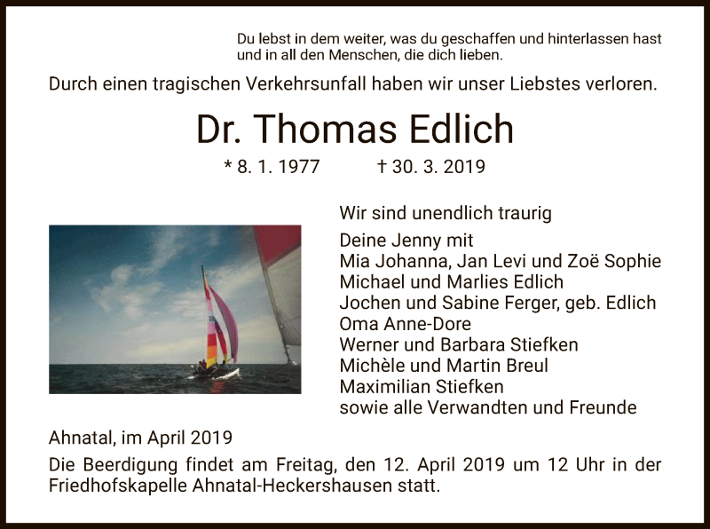  Traueranzeige für Thomas Edlich vom 09.04.2019 aus WLZ