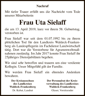 Traueranzeige von Uta Sielaff von WLZ