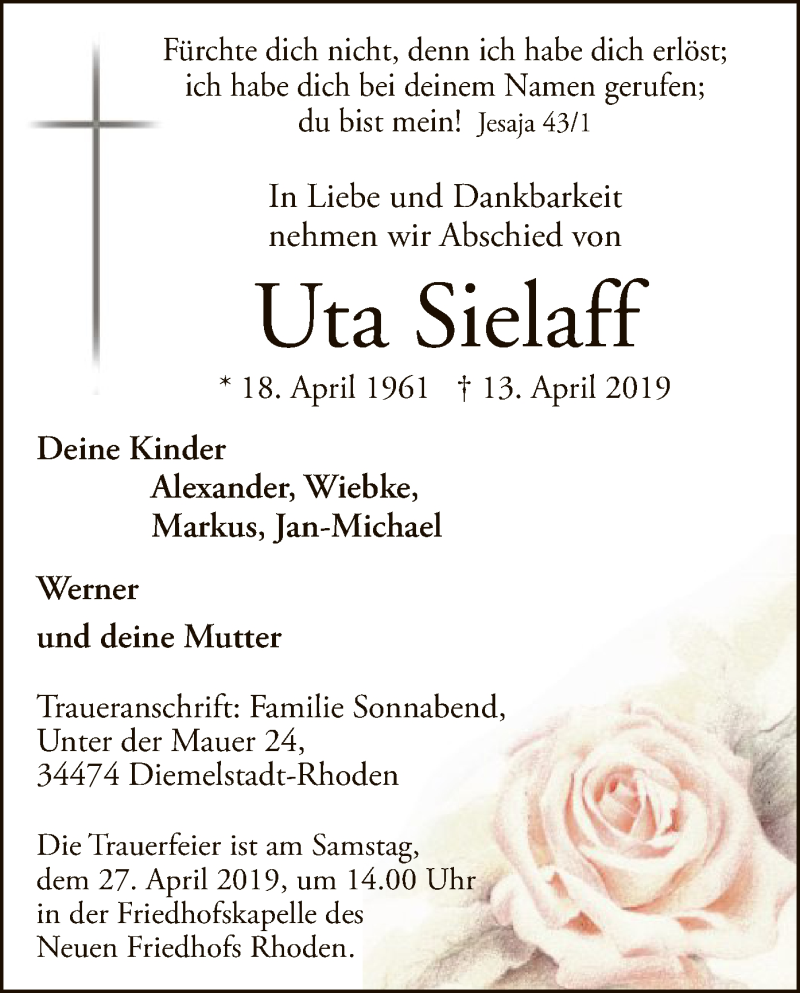  Traueranzeige für Uta Sielaff vom 20.04.2019 aus WLZ