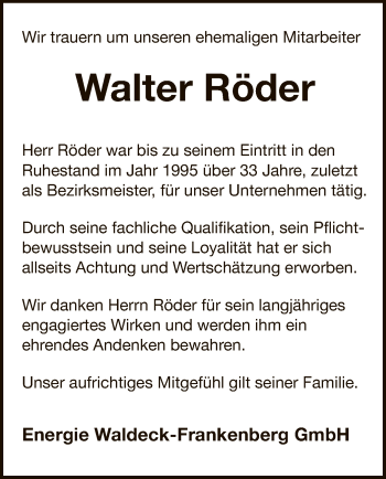 Traueranzeige von Walter Röder von WLZ