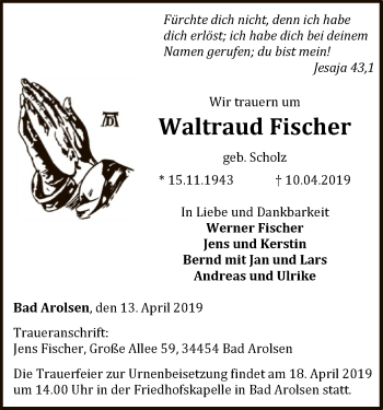 Traueranzeige von Waltraud Fischer von WLZ