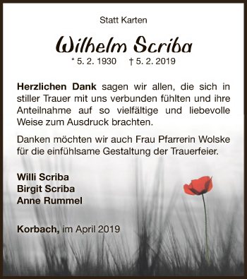 Traueranzeige von Wilhelm Scriba von WLZ