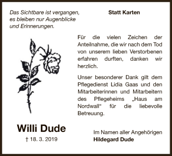 Traueranzeige von Willi Dude von WLZ