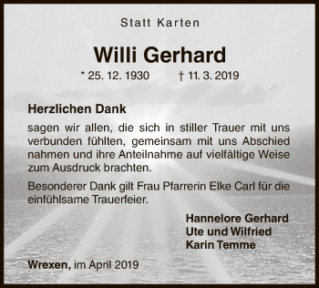 Traueranzeige von Willi Gerhard von WLZ