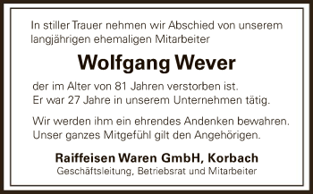 Traueranzeige von Wolfgang Wever von WLZ
