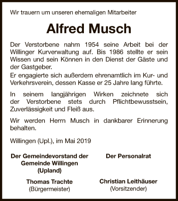 Traueranzeige von Alfred Musch von WLZ