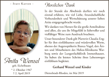 Traueranzeige von Anita Wenzel von WLZ