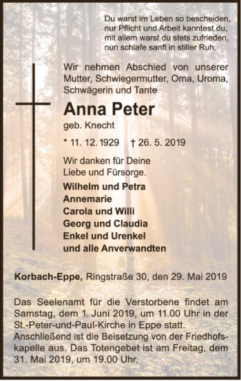 Traueranzeige von Anna Peter von WLZ