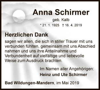 Traueranzeige von Anna Schirmer von WLZ