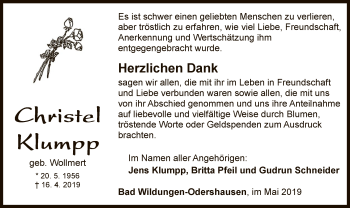 Traueranzeige von Christel Klumpp von WLZ