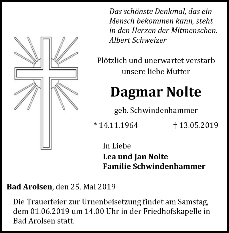  Traueranzeige für Dagmar Nolte vom 25.05.2019 aus WLZ