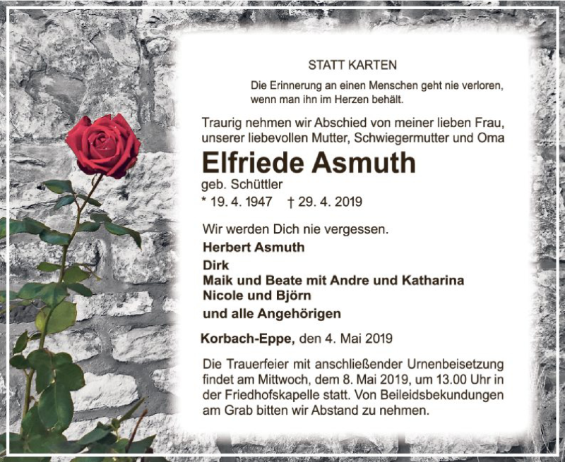  Traueranzeige für Elfriede Asmuth vom 04.05.2019 aus WLZ