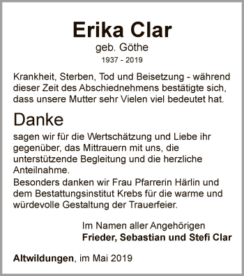 Traueranzeige von Erika Clar von WLZ