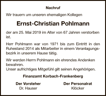 Traueranzeige von Ernst-Christian Pohlmann von WLZ