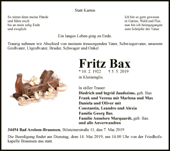 Traueranzeige von Fritz Bax von WLZ