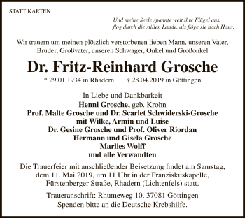 Traueranzeige von Fritz-Reinhard Grosche von WLZ