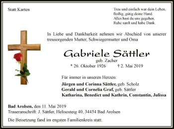 Traueranzeige von Gabriele Sättler von WLZ